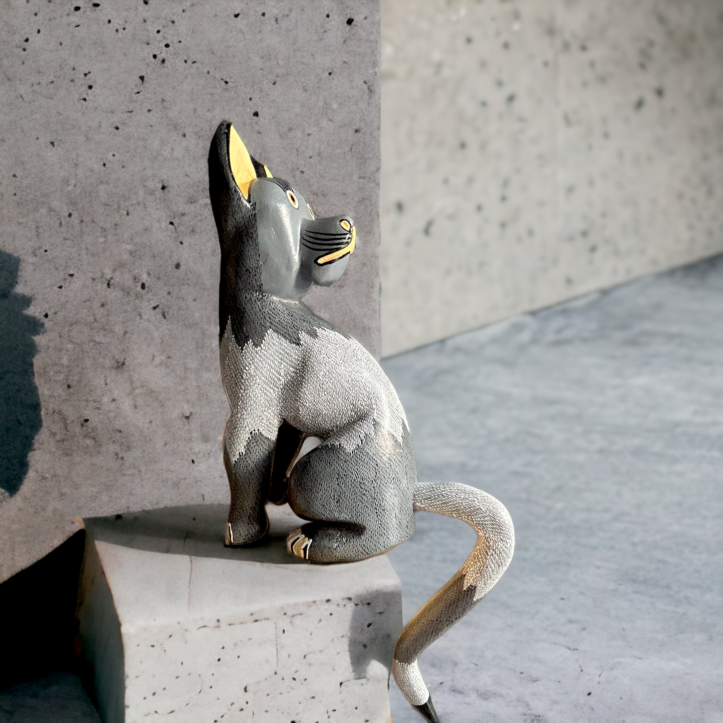 A unique Alebrije masterpiece, a texturized hand carved cat, mystic guardian from Oaxaca Mexico