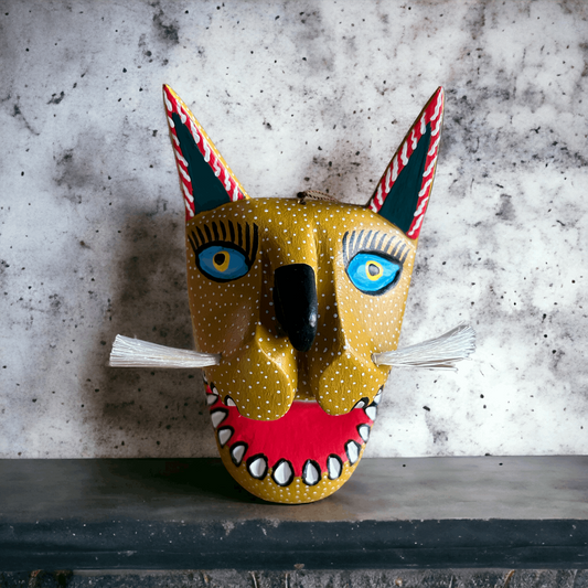 Meticulously handcarved Nahual Alebrije Mask, captiving eyes, unique piece form Oaxaca Mexico, folk art