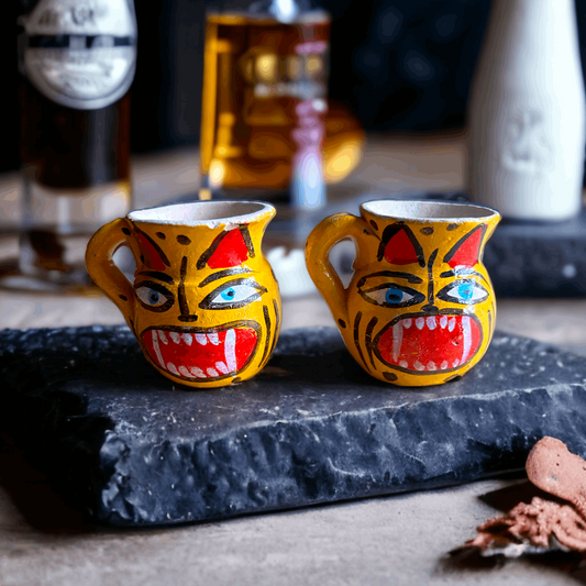 Stylish Jaguar Tequila clay mug shots from Oaxaca Mexico